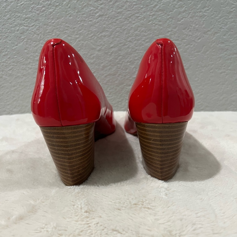 Cole Haan Red Patent Peep-Toe Wedge Pumps - Picture 3 of 8